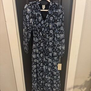 Joie Women’s Small Blue Long Sleeve Floral Chiffon Ruffled Flowy Dress NWT